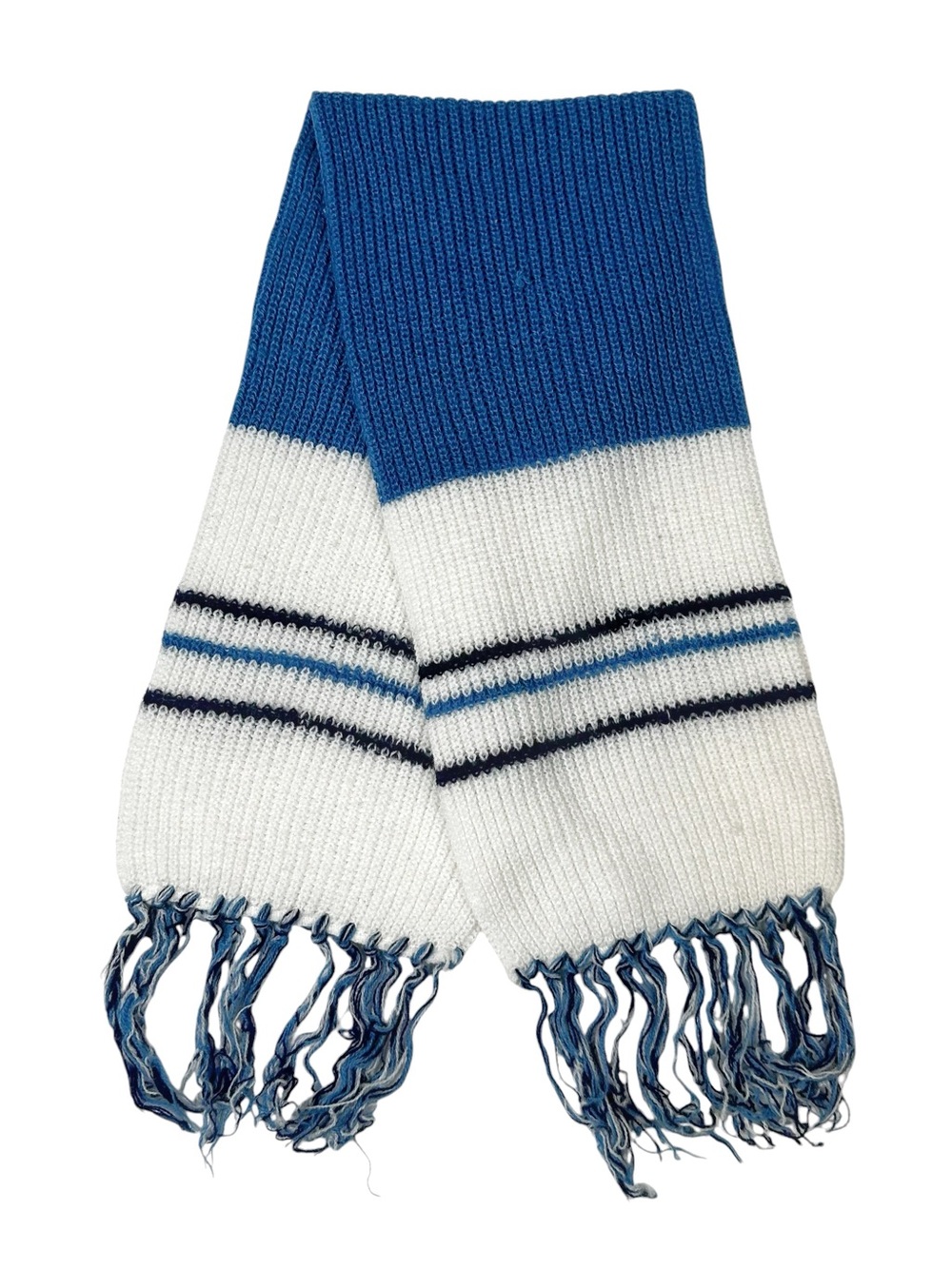 Vintage 60s 70s Blue White Knit Fringed Winter Kids Scarf